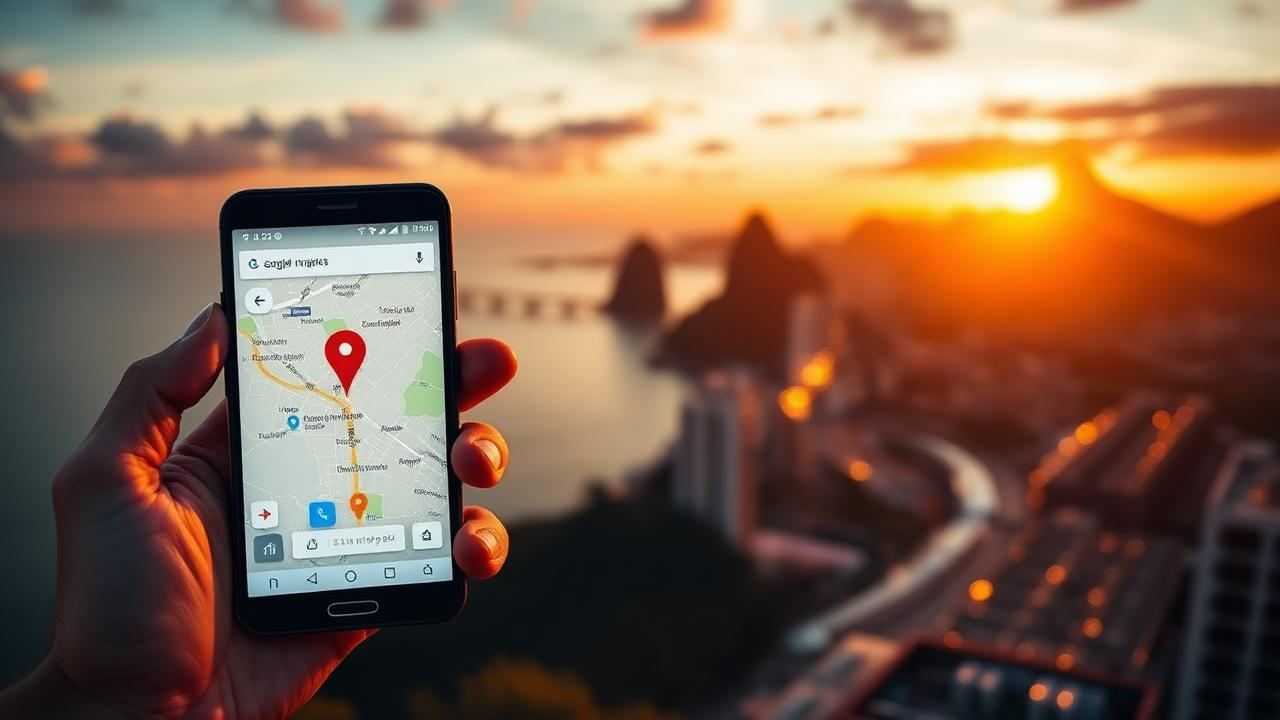 Smartphone com Google Maps sobre skyline do Rio de Janeiro ao pôr do sol