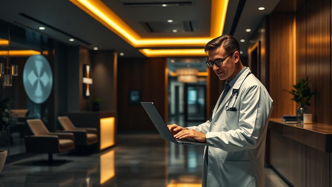 Médico usando notebook em recepção de consultório premium